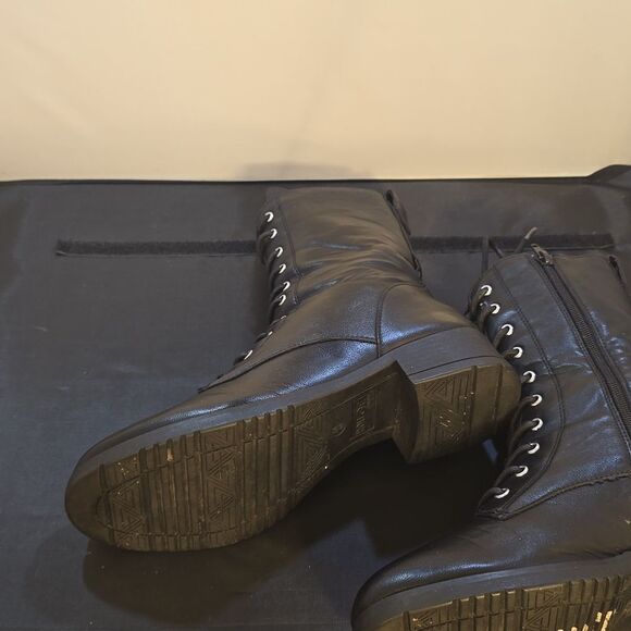 ROUGE HELIUM WOMEN' ROUND TOE MILITARY LACE UP KNIT ANKLE CUFF  HEEL COMBAT BOOT - Picture 13 of 14